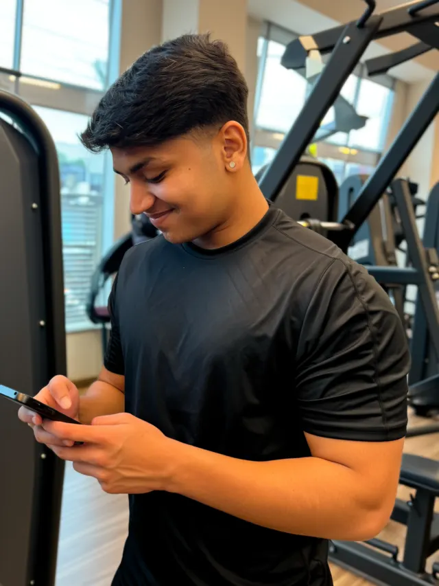 A young man looks at his phone next to a leg press