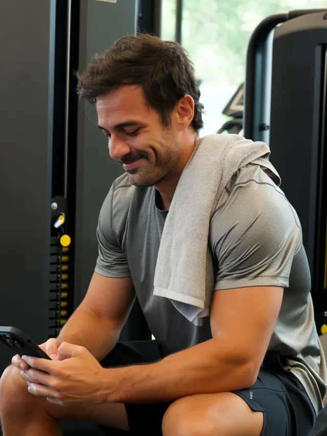A man rests on a bench between sets, looking at his phone