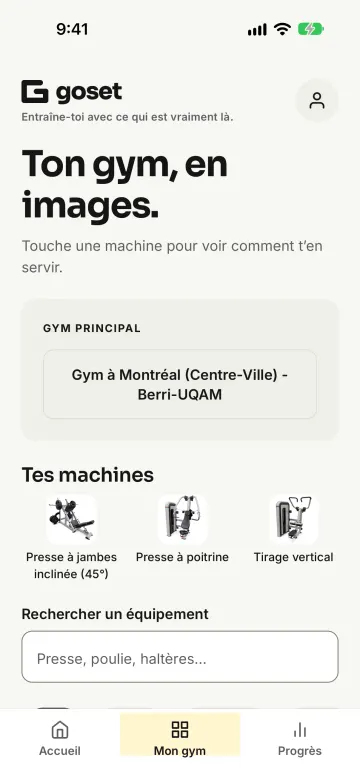GoSet My gym screen: your gym in pictures, your machines and equipment search