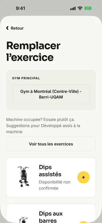 GoSet suggesting replacement exercises for the same muscles